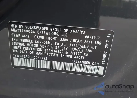 2017 Volkswagen Passat 1.8T R-Line from USA, damaged, VIN 1VWDT7A33HC080332